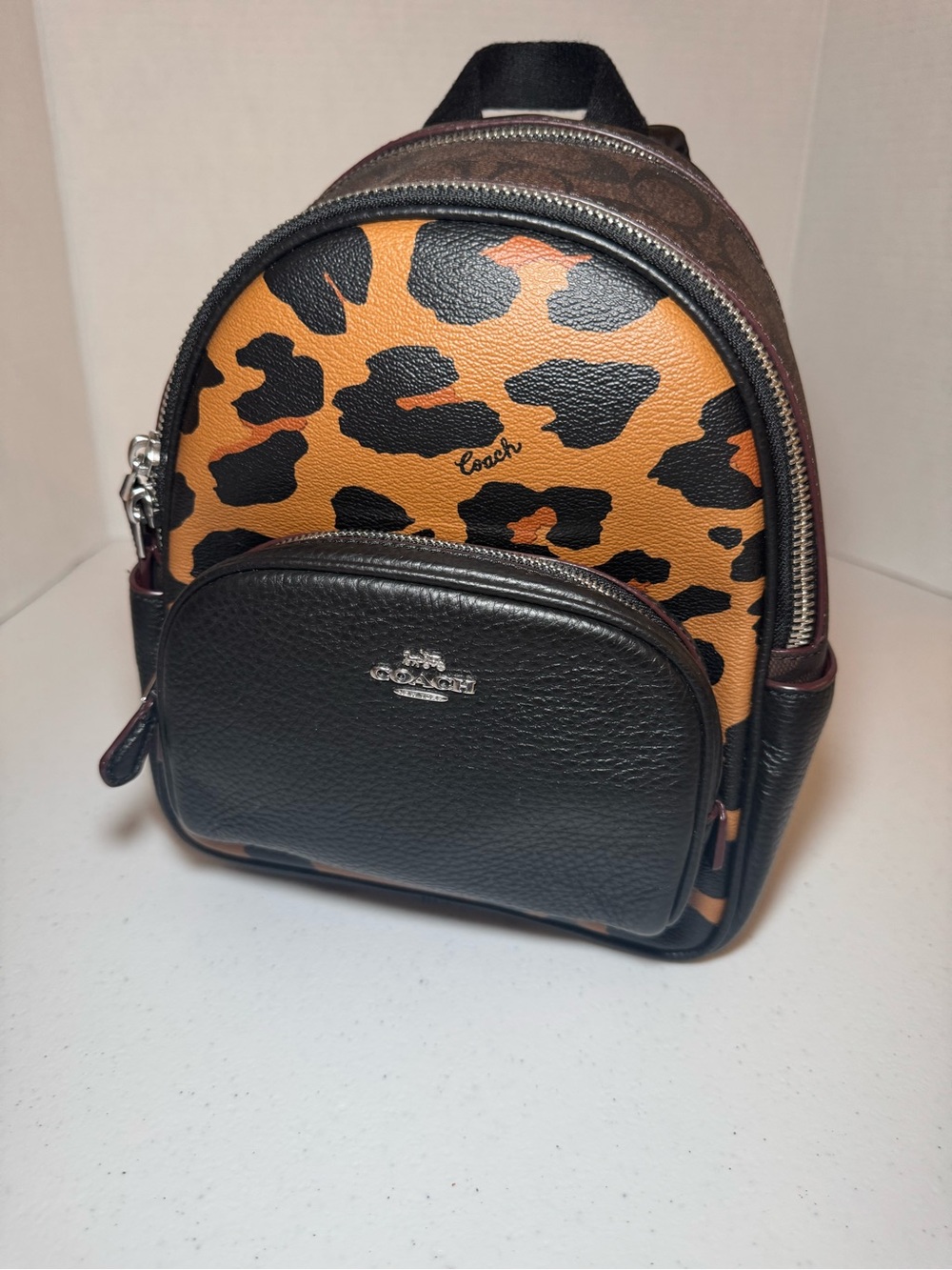 Coach Leopard-Print Mini Backpack in Black & Tan